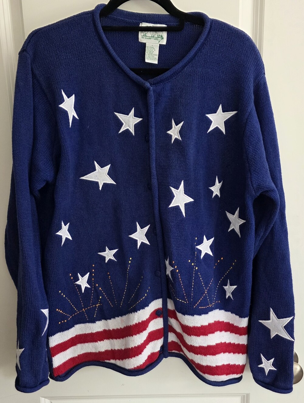 Quacker Factory Navy Blue Star & Stripe Button-Front Cardigan Grandmacore